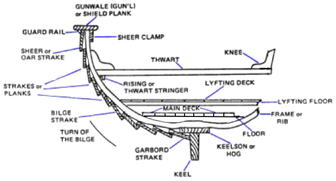 Cut-away section of ship showing
				structural members, labelled